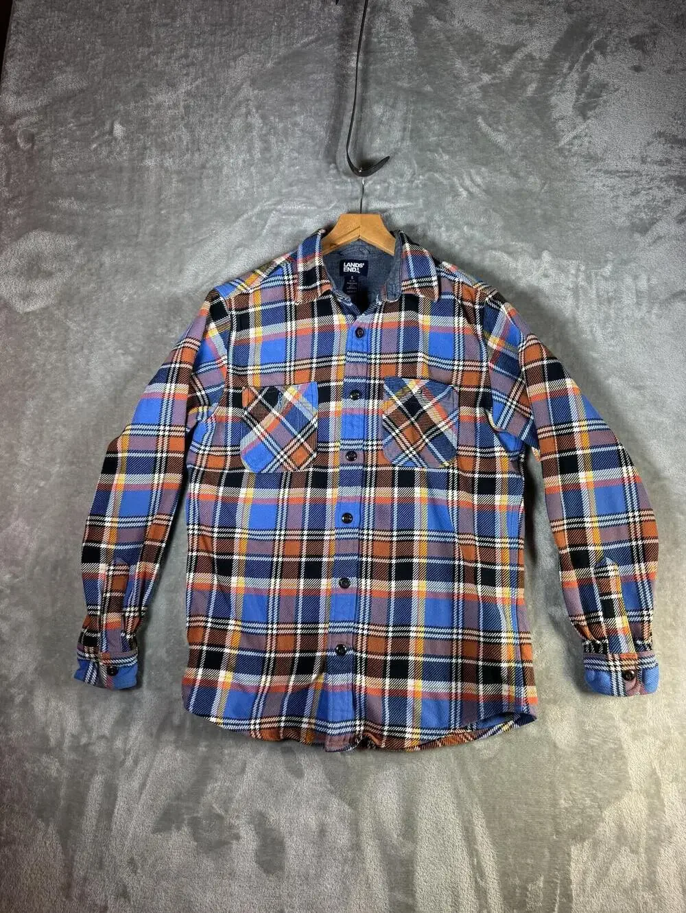 Lands'‎ End Women's Blue and Orange Plaid Flannel Shirt Size S